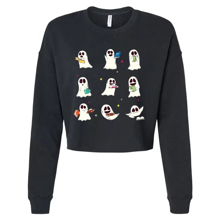 Retro Teacher Halloween Ghost Read More Books Teacher Cropped Pullover Crew