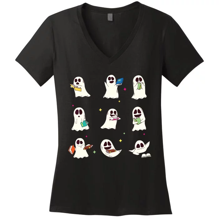 Retro Teacher Halloween Ghost Read More Books Teacher Women's V-Neck T-Shirt