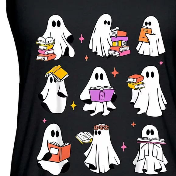 Retro Teacher Halloween Ghost Read More Books Teacher Ladies Essential Flowy Tank