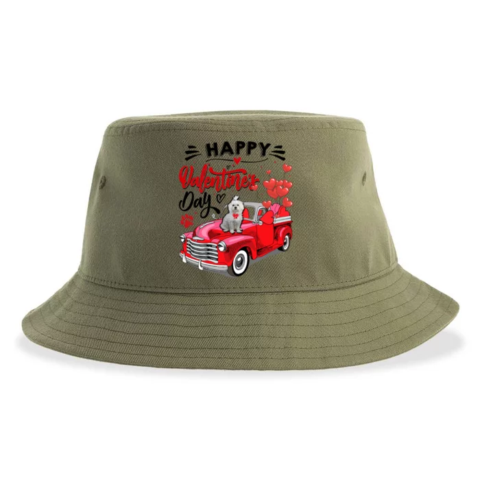 Red Truck Happy Valentines Day Maltese Hearts Dog Lover Gift Sustainable Bucket Hat