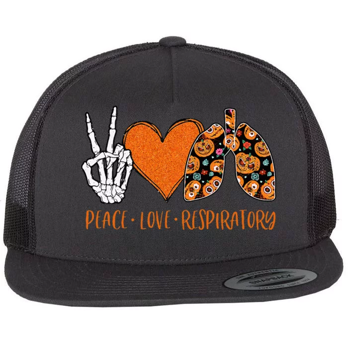 Respiratory Therapist Halloween Costume Peace & Love Skeleton Flat Bill Trucker Hat