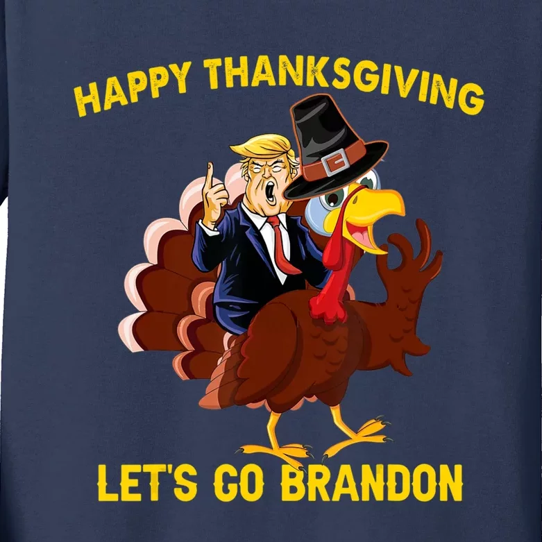 Riding Turkey Happy Thanksgiving Lets Go Brandon Trump Kids Long Sleeve Shirt