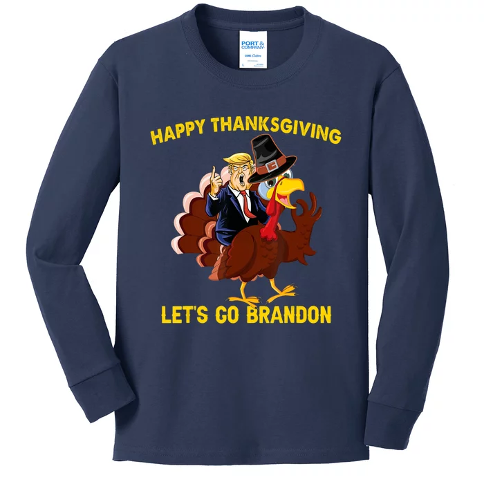 Riding Turkey Happy Thanksgiving Lets Go Brandon Trump Kids Long Sleeve Shirt