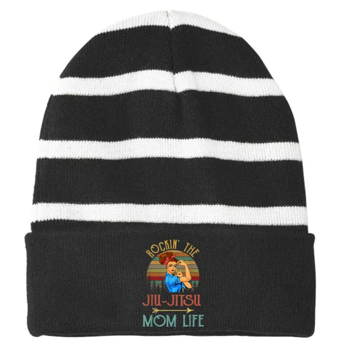 Rockin The Jiu Jitsu Mom Life Funny Gift For Mom Striped Beanie with Solid Band