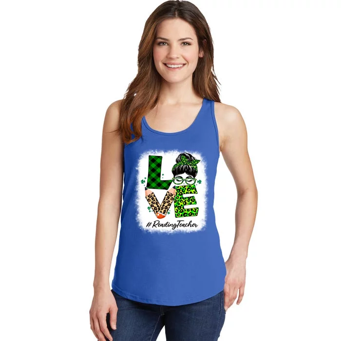 Reading Teacher Love Bleached Messy Bun St Patricks Day Gift Ladies Essential Tank