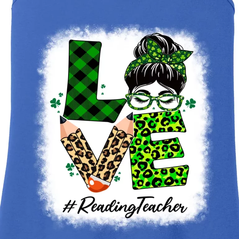 Reading Teacher Love Bleached Messy Bun St Patricks Day Gift Ladies Essential Tank