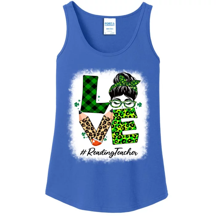 Reading Teacher Love Bleached Messy Bun St Patricks Day Gift Ladies Essential Tank