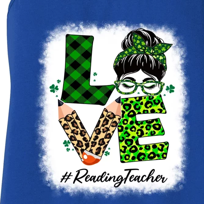 Reading Teacher Love Bleached Messy Bun St Patricks Day Gift Women's Racerback Tank