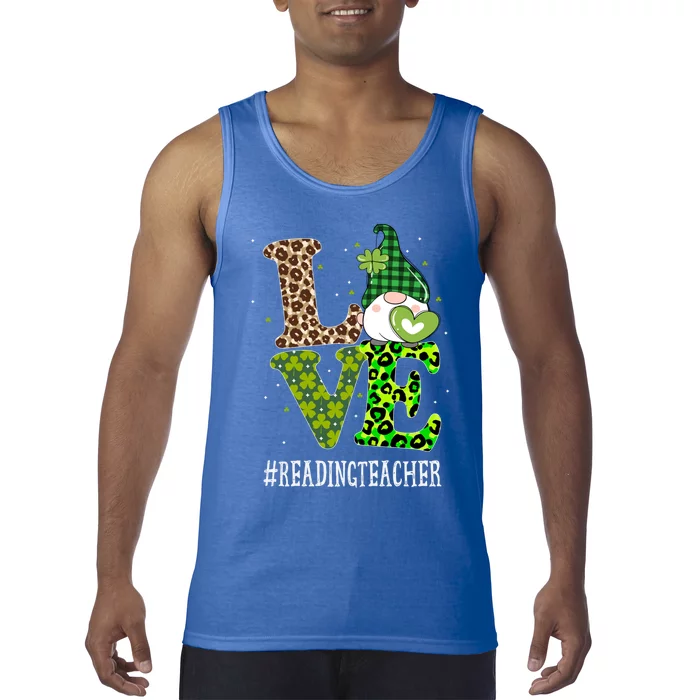 Reading Teacher Love St Patricks Day Gnome Leopard Shamrock Gift Tank Top