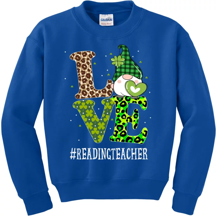 Reading Teacher Love St Patricks Day Gnome Leopard Shamrock Gift Kids Sweatshirt