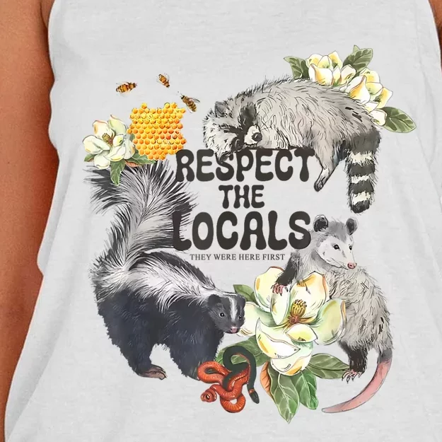 Respect The Locals Opossum Possum Skunk Raccoon Bees Honey Women's Knotted Racerback Tank