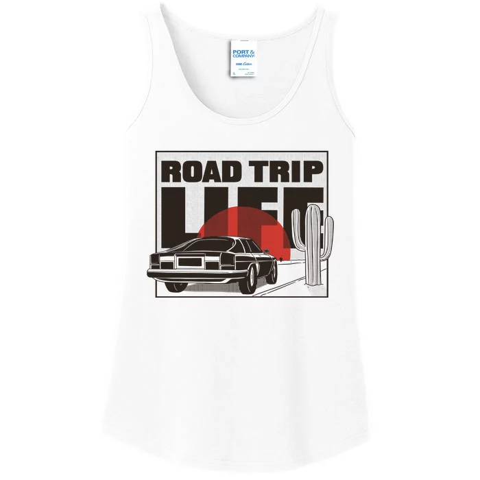 Road Trip Life Vintage Car Sunset Ladies Essential Tank