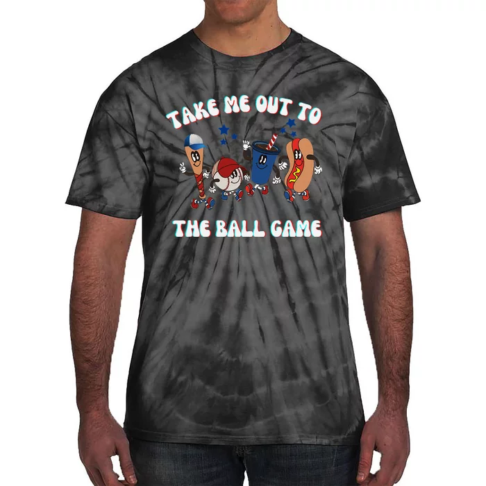 Retro Take Me Out Tothe Ball Game Baseball Hot Dog Bat Ball Tie-Dye T-Shirt