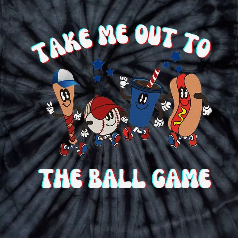 Retro Take Me Out Tothe Ball Game Baseball Hot Dog Bat Ball Tie-Dye T-Shirt