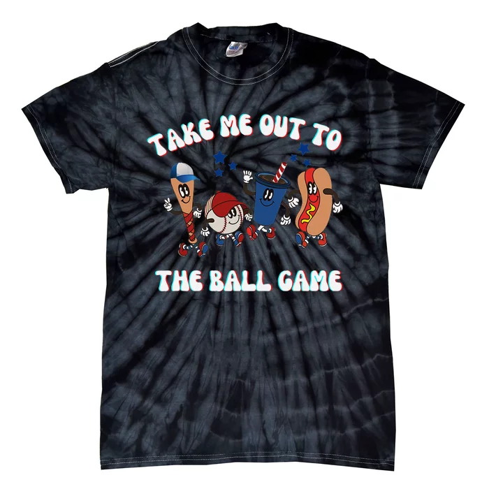 Retro Take Me Out Tothe Ball Game Baseball Hot Dog Bat Ball Tie-Dye T-Shirt