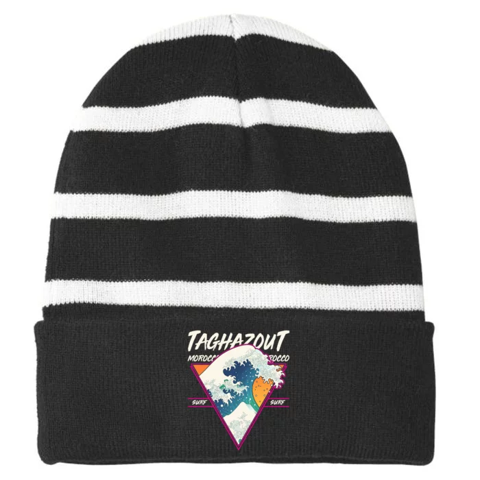 Retro Taghazout Morocco Surf Great Wave Striped Beanie with Solid Band