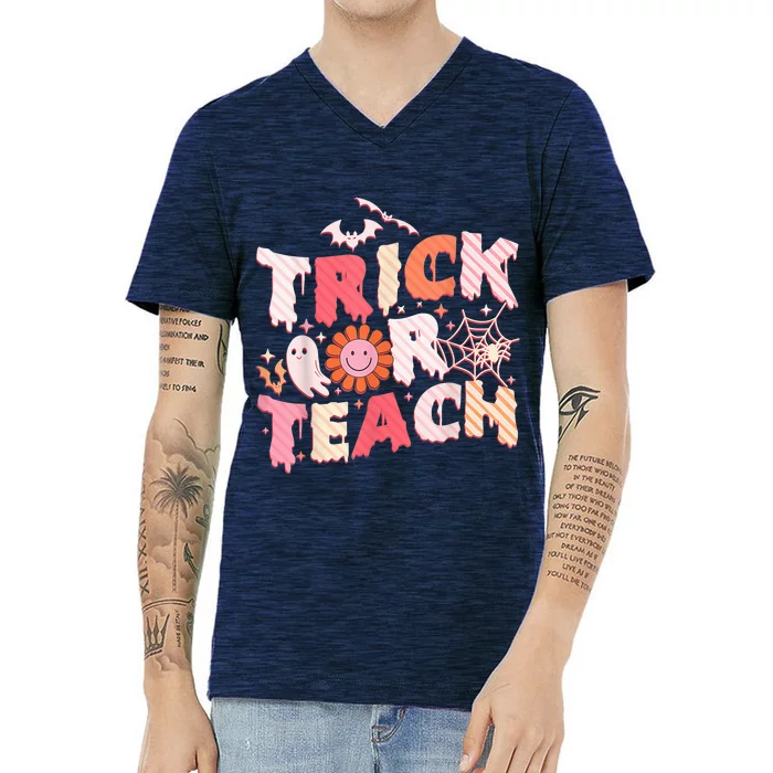 Retro Trick Or Teach Ghost Teacher Halloween Costume Wo V-Neck T-Shirt