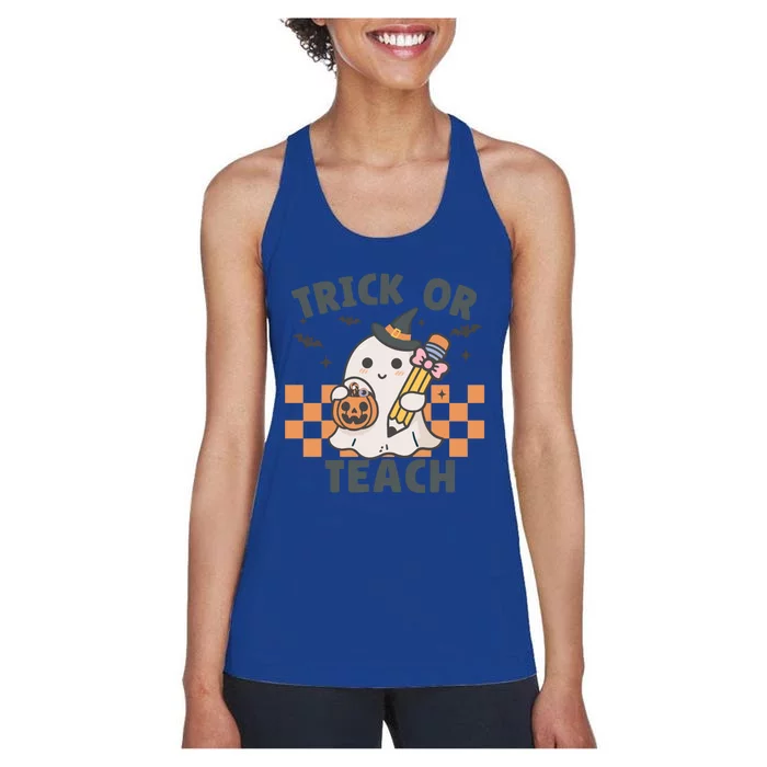 Retro Trick Or Teach Halloween Teacher Ghost Spooky Season Gift Women's Racerback Tank