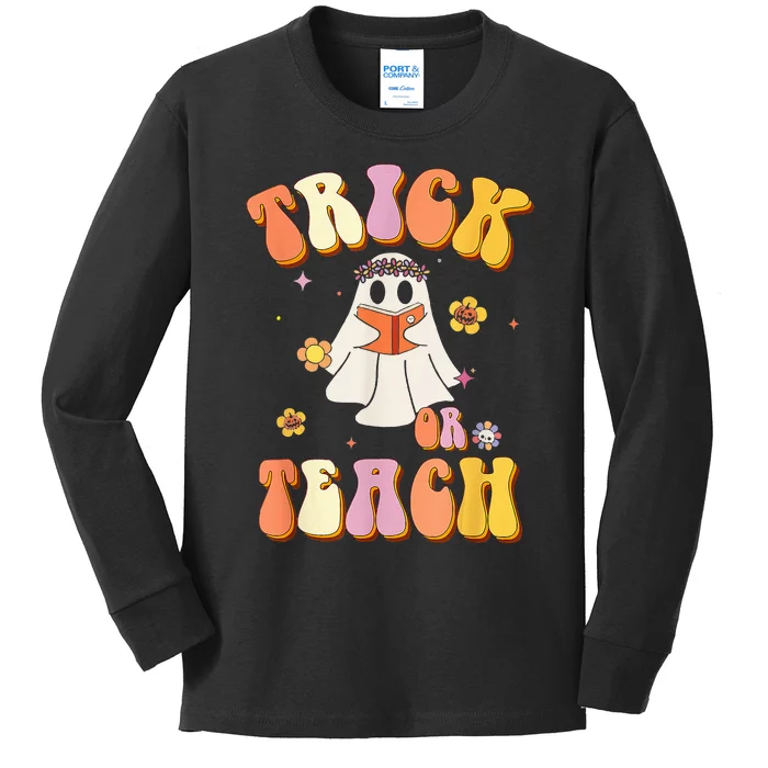 Retro Trick Or Teach Funny Halloween Design Kids Long Sleeve Shirt