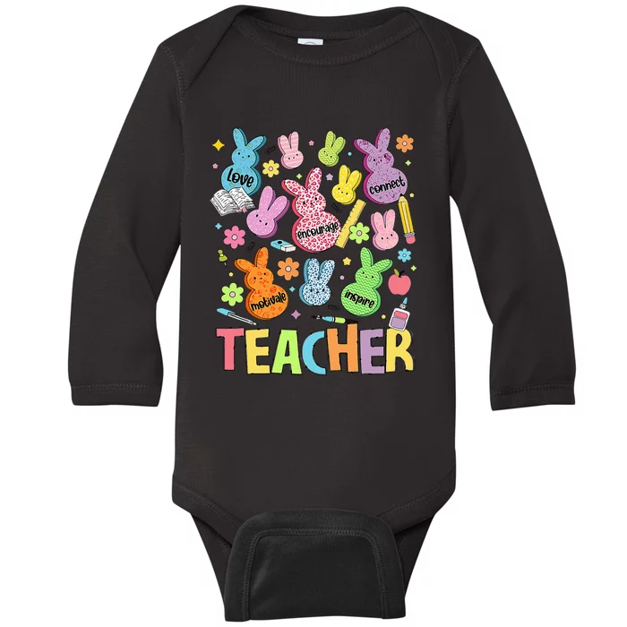 Retro Teacher Of Sweet Bunny Cute Teacher Easter Day Baby Long Sleeve Bodysuit