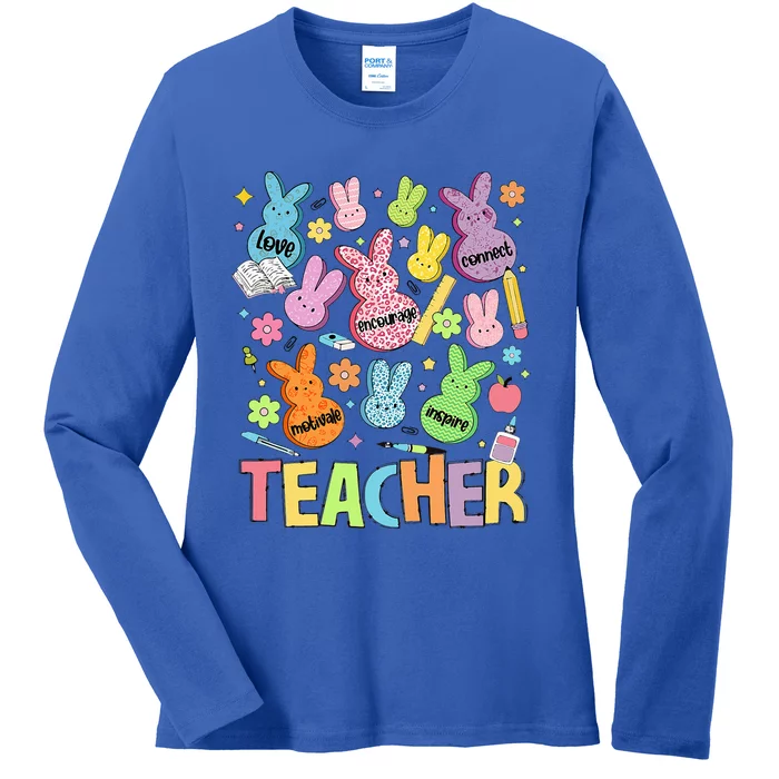 Retro Teacher Of Sweet Bunny Cute Teacher Easter Day Ladies Long Sleeve Shirt