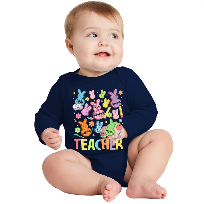 Retro Teacher Of Sweet Bunny Cute Teacher Easter Day Baby Long Sleeve Bodysuit