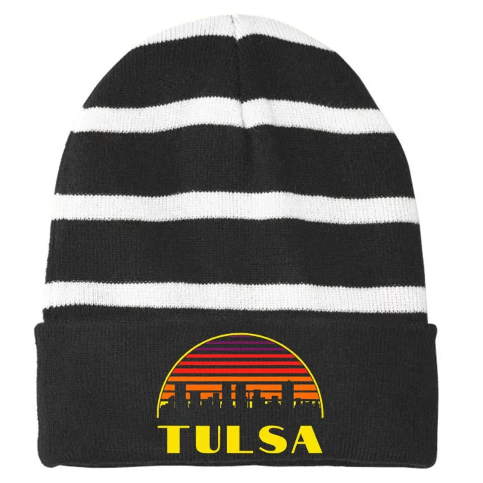 Retro Tulsa Oklahoma Downtown Skyline Striped Beanie with Solid Band