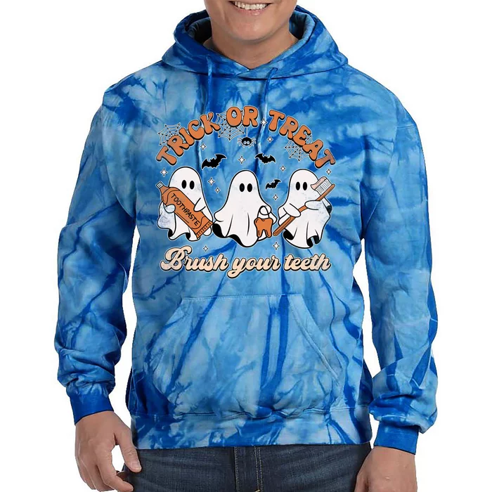 Retro Trick Or Treat Brush Your Teeth Scary Groovy Halloween Gift Tie Dye Hoodie