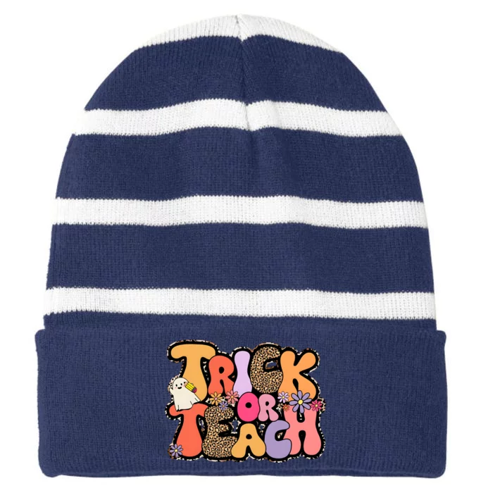 Retro Trick Or Teach Teacher Halloween Striped Beanie with Solid Band