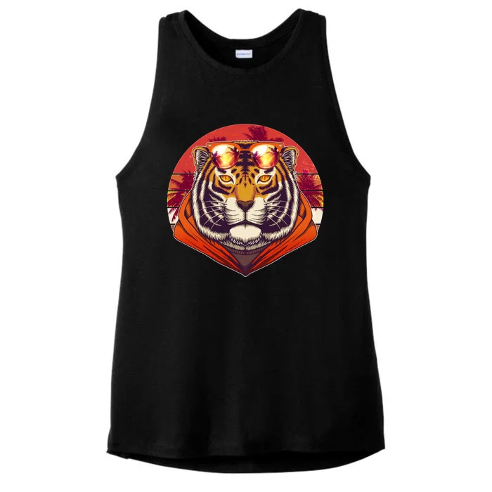 Retro Tropical Palm Tree Hipster Tiger Ladies Tri-Blend Wicking Tank