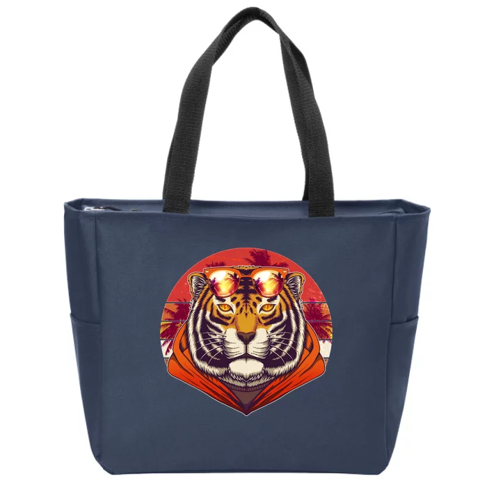 Retro Tropical Palm Tree Hipster Tiger Zip Tote Bag