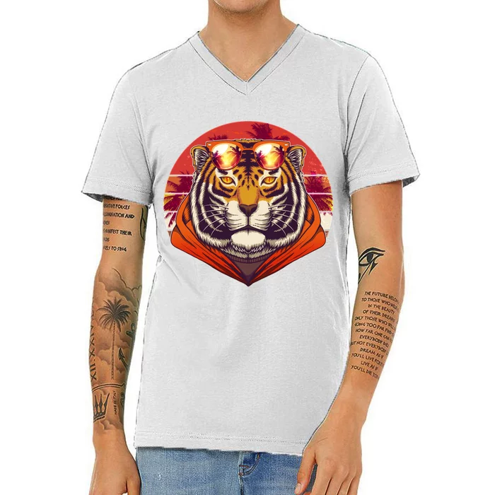 Retro Tropical Palm Tree Hipster Tiger V-Neck T-Shirt