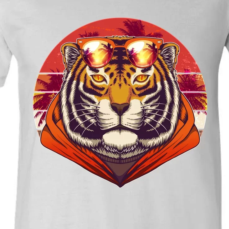 Retro Tropical Palm Tree Hipster Tiger V-Neck T-Shirt