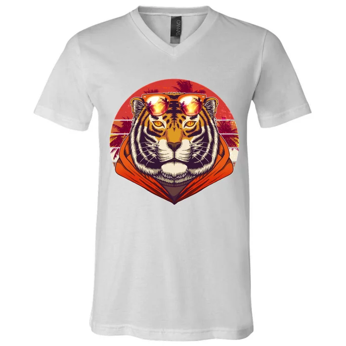 Retro Tropical Palm Tree Hipster Tiger V-Neck T-Shirt