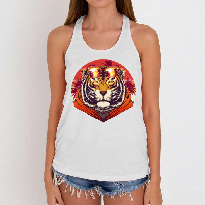 Retro Tropical Palm Tree Hipster Tiger Women's Knotted Racerback Tank