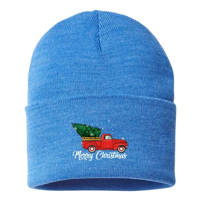 Red Truck Pick Up Christmas Tree Vintage Retro Sweater Gift Sustainable Knit Beanie