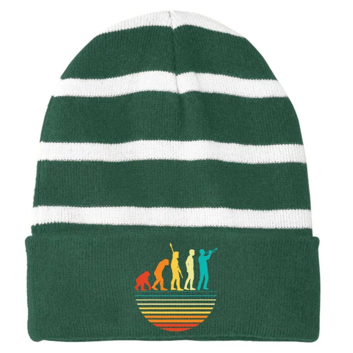 Retro Trumpet Player Marching Band Trumpeter I Evolution Striped Beanie with Solid Band