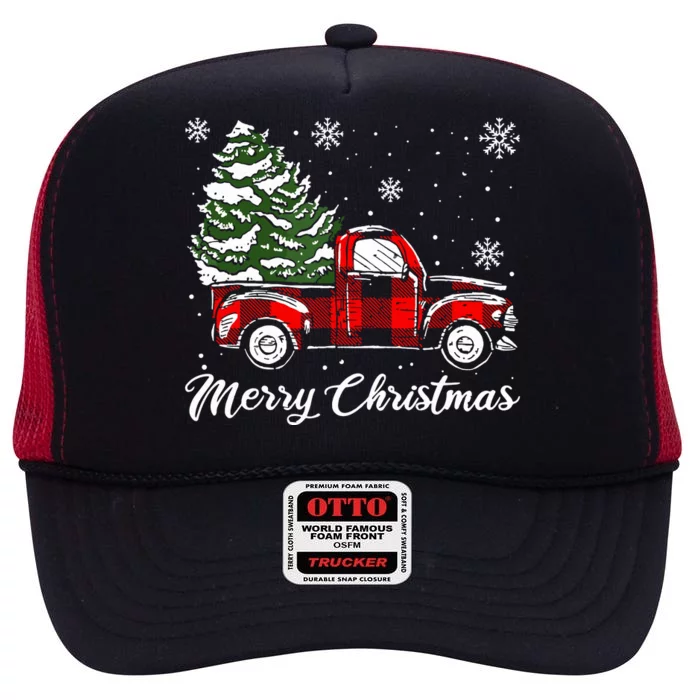 Red Truck Pick Up Christmas Tree Vintage Retro High Crown Mesh Trucker Hat