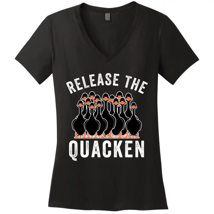 Release The Quacken, Duck Lover, Farmer, Funny Animal Lover Women's V-Neck T-Shirt