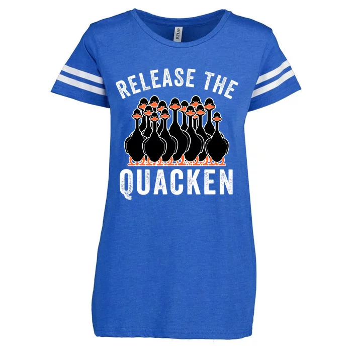 Release The Quacken, Duck Lover, Farmer, Funny Animal Lover Enza Ladies Jersey Football T-Shirt