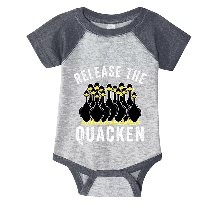 Release The Quacken, Farmer, Duck Lover, Funny Animal Lover Infant Baby Jersey Bodysuit