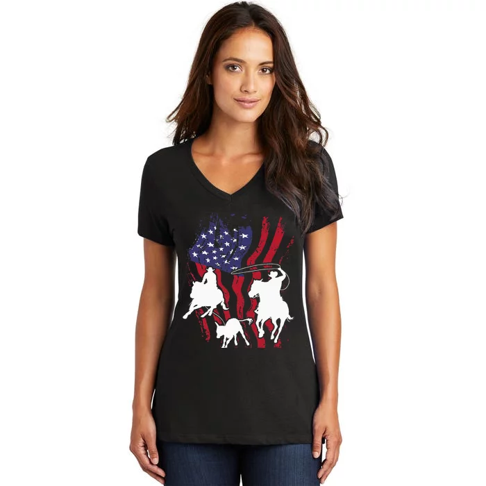 Rodeo Team Roping Horse Riding Equestrian Header Heeler Women's V-Neck T-Shirt