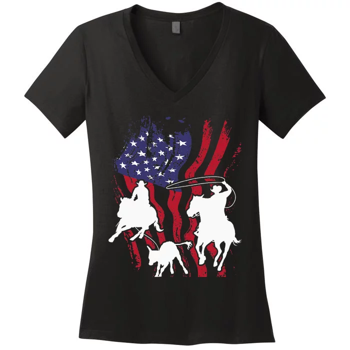 Rodeo Team Roping Horse Riding Equestrian Header Heeler Women's V-Neck T-Shirt