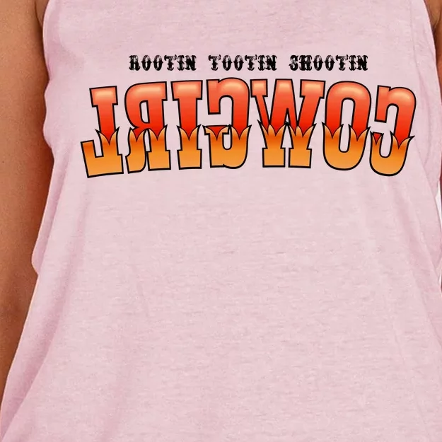 Rootin Tootin Shootin Reverse Cowgirl Western Logo Women's Knotted Racerback Tank