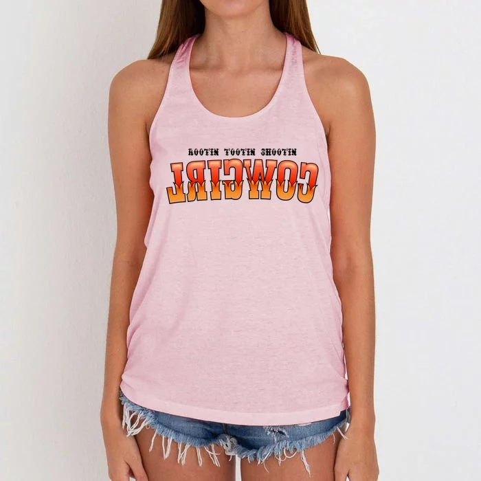 Rootin Tootin Shootin Reverse Cowgirl Western Logo Women's Knotted Racerback Tank