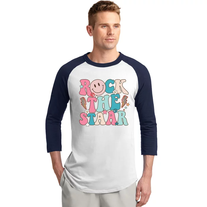 Rock The Staar Test Testing Day Retro Groovy Teacher Stars Baseball Sleeve Shirt