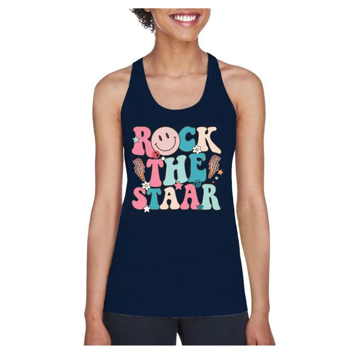 Rock The Staar Test Testing Day Retro Groovy Teacher Stars Women's Racerback Tank