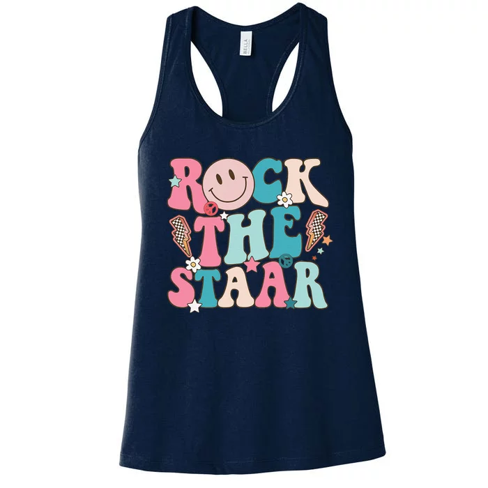 Rock The Staar Test Testing Day Retro Groovy Teacher Stars Women's Racerback Tank