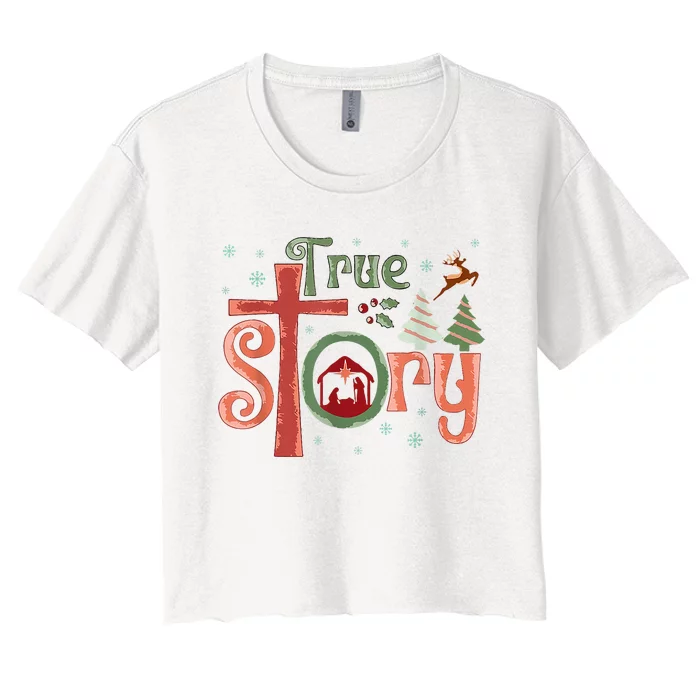 Retro True Story Jesus Christmas Nativity Scene Christian Women's Crop Top Tee