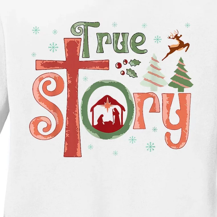 Retro True Story Jesus Christmas Nativity Scene Christian Ladies Long Sleeve Shirt